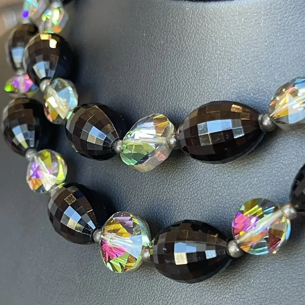 Vintage 2 Strand Black Faceted Beads Oval Peacock AB Color Beaded Necklace 16